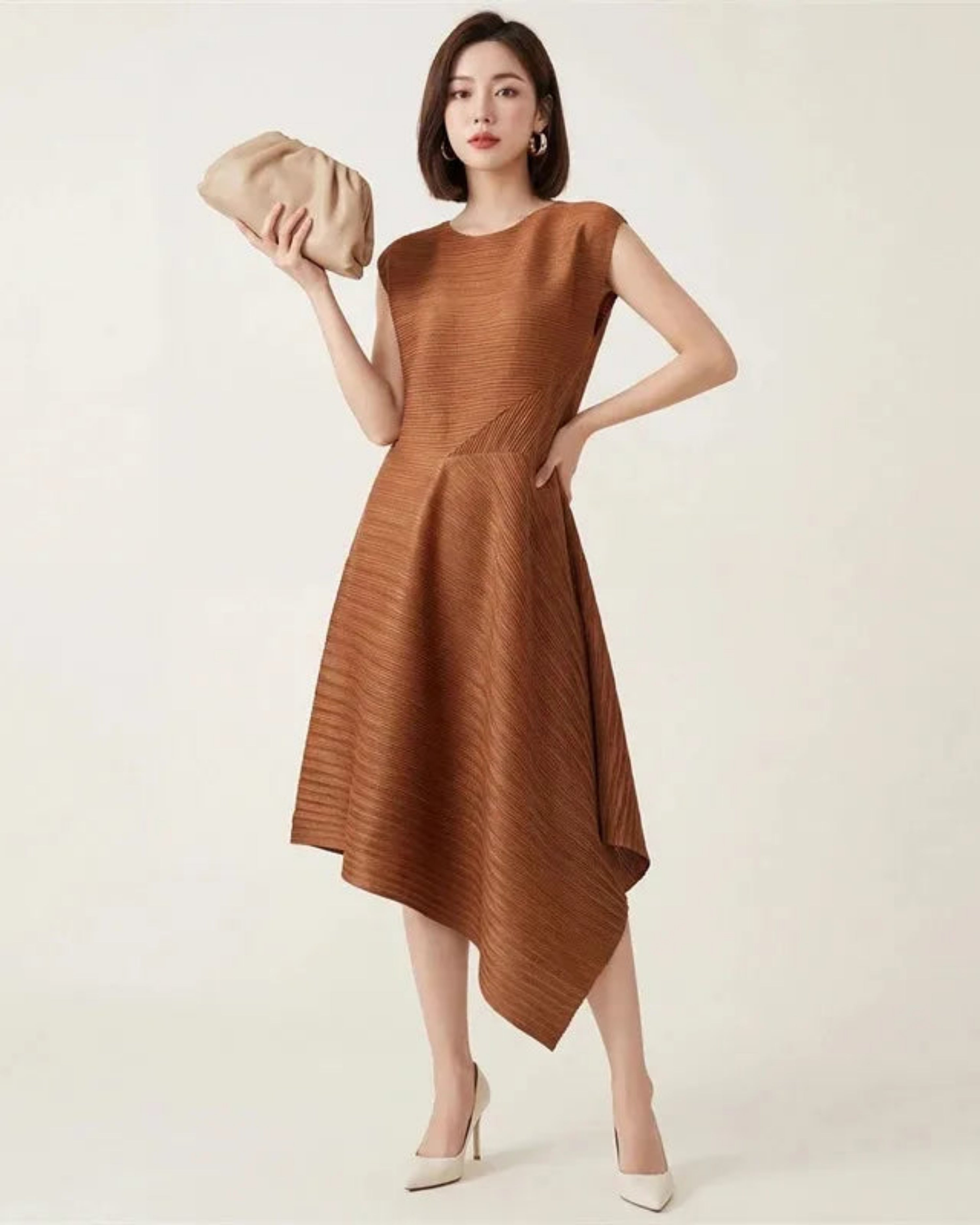 Women’s Pleated Midi Dress Sleeveless Asymmetric Plissé Japanese-Designer
