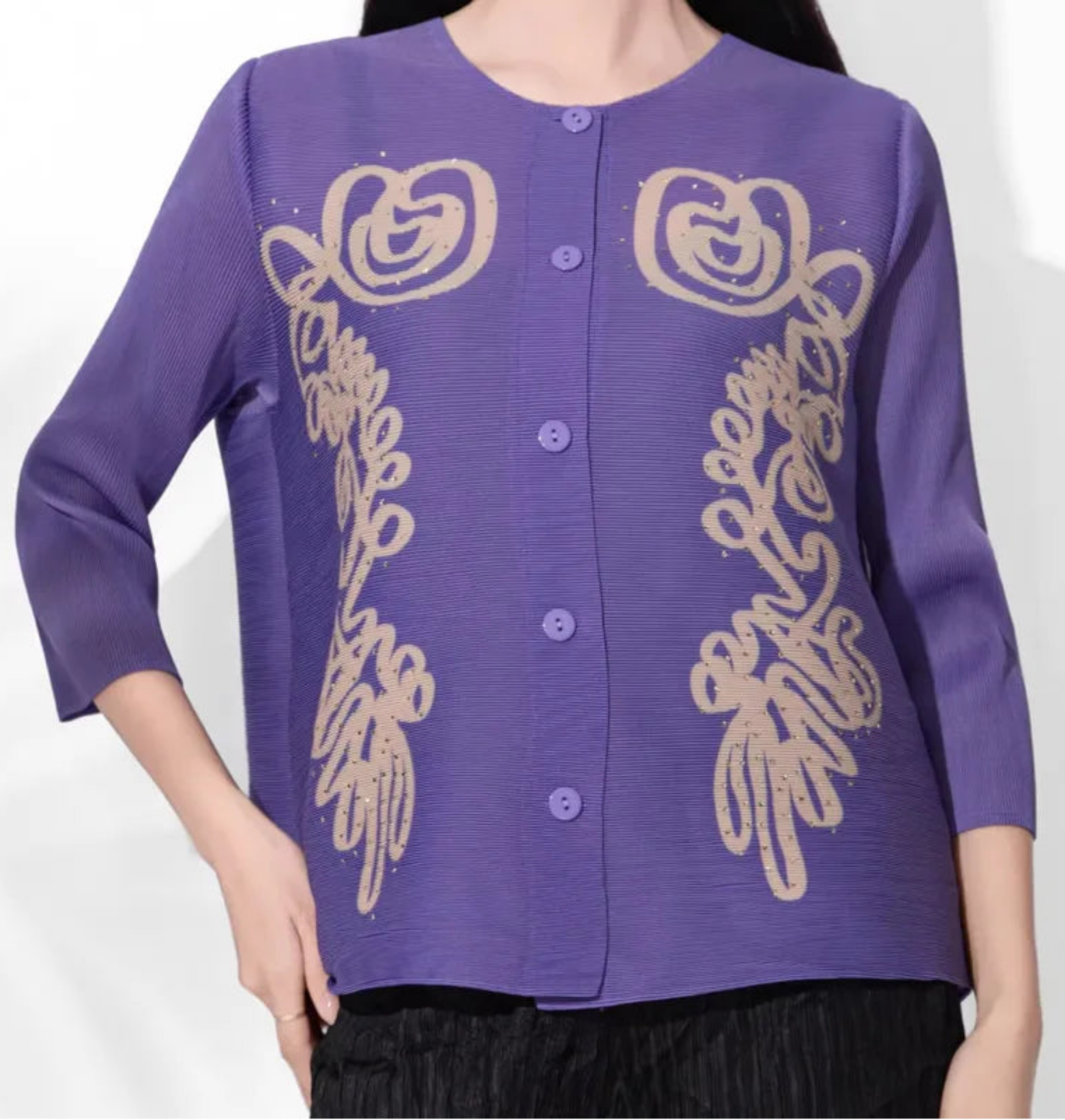 Women’s Pleated Plissé 3/4 Sleeve Blouse Designer