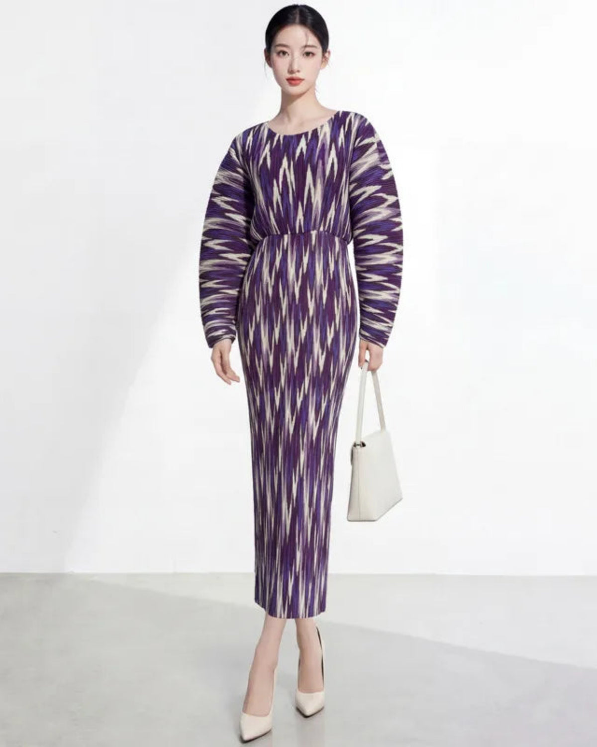 Women’s Pleated Plissé Midi Dress Balloon Sleeve Long Designer