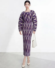 Women’s Pleated Plissé Midi Dress Balloon Sleeve Long Designer