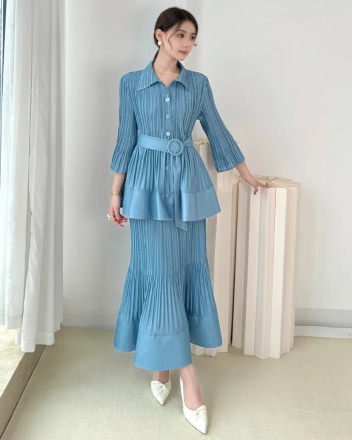 Women’s Pleated Plissé Peplum Top Midi Skirt Set Designer