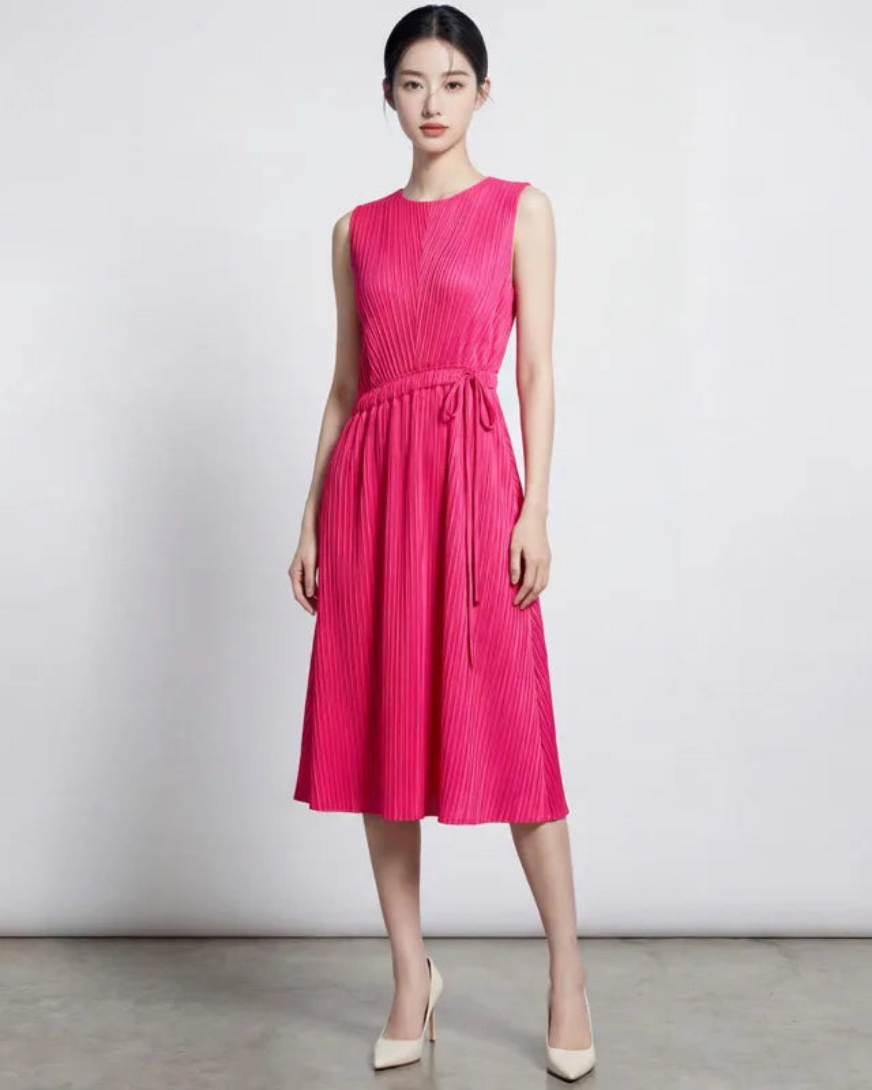 Women’s Pleated Plissé Sleeveless Midi Dress Ruched Waist Self-Tie Cruise Travel Designer
