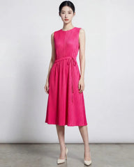 Women’s Pleated Plissé Sleeveless Midi Dress Ruched Waist Self-Tie Cruise Travel Designer