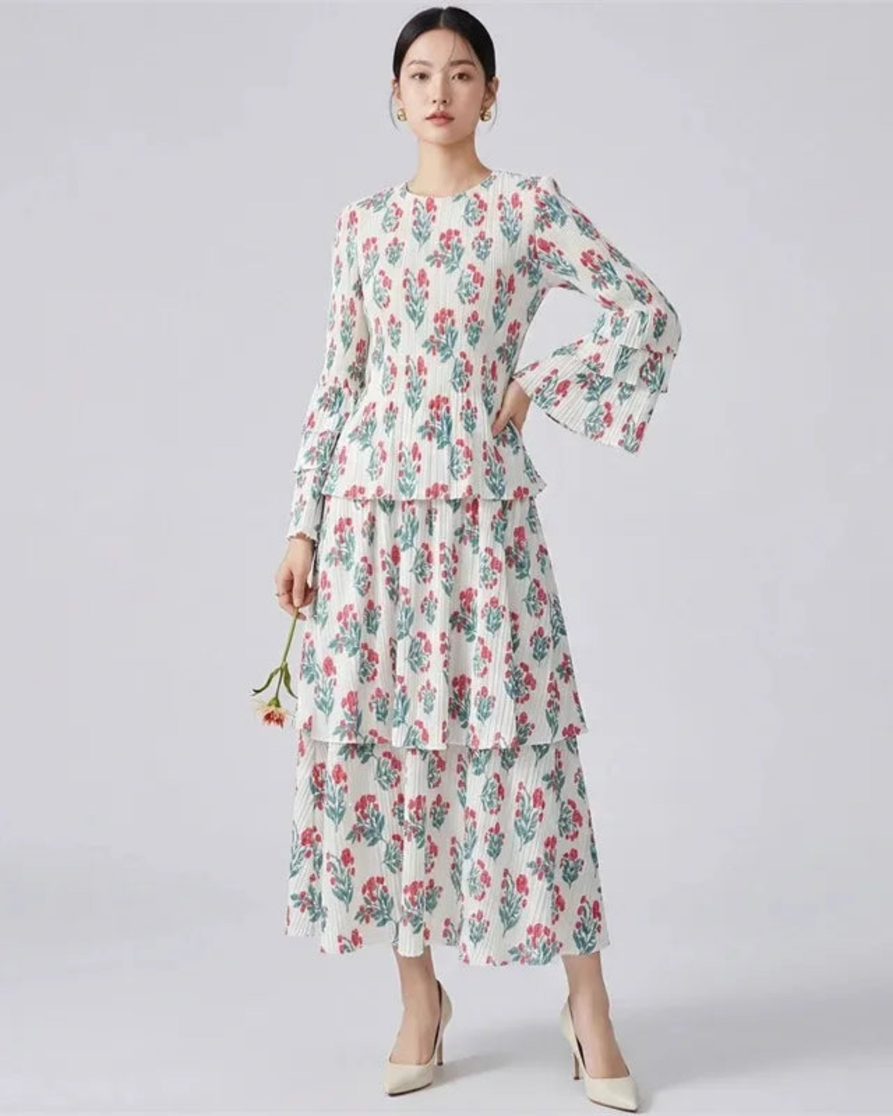Women's Pleats Plissé Pleated Long Sleeve Midi Dress