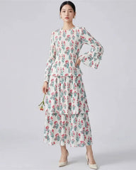 Women's Pleats Plissé Pleated Long Sleeve Midi Dress
