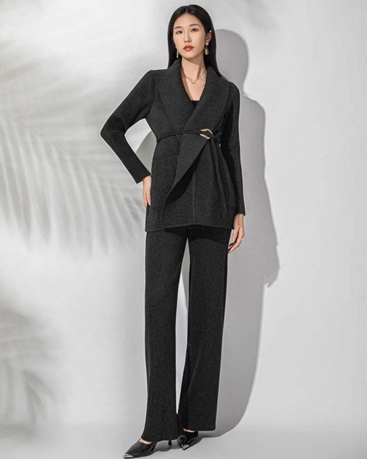 Women’s Plissé Pleated Knit Two-Piece Set – Sculptural Wrap Cardigan & Wide-Leg Pants