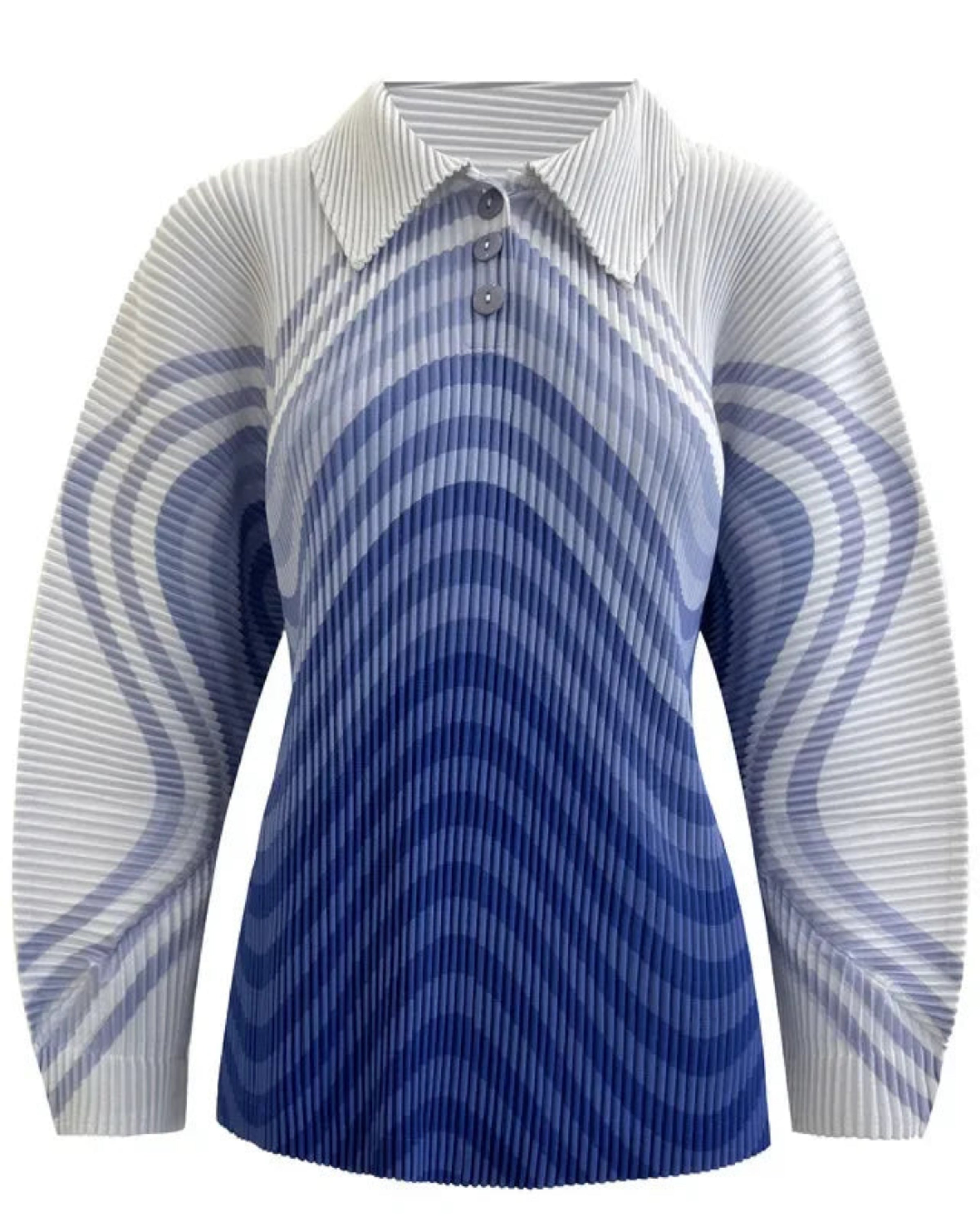 Women's Plissé Pleated Pleats Wave Polo Top – Micro-Pleat Long Sleeve