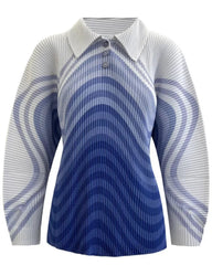 Women's Plissé Pleated Pleats Wave Polo Top – Micro-Pleat Long Sleeve