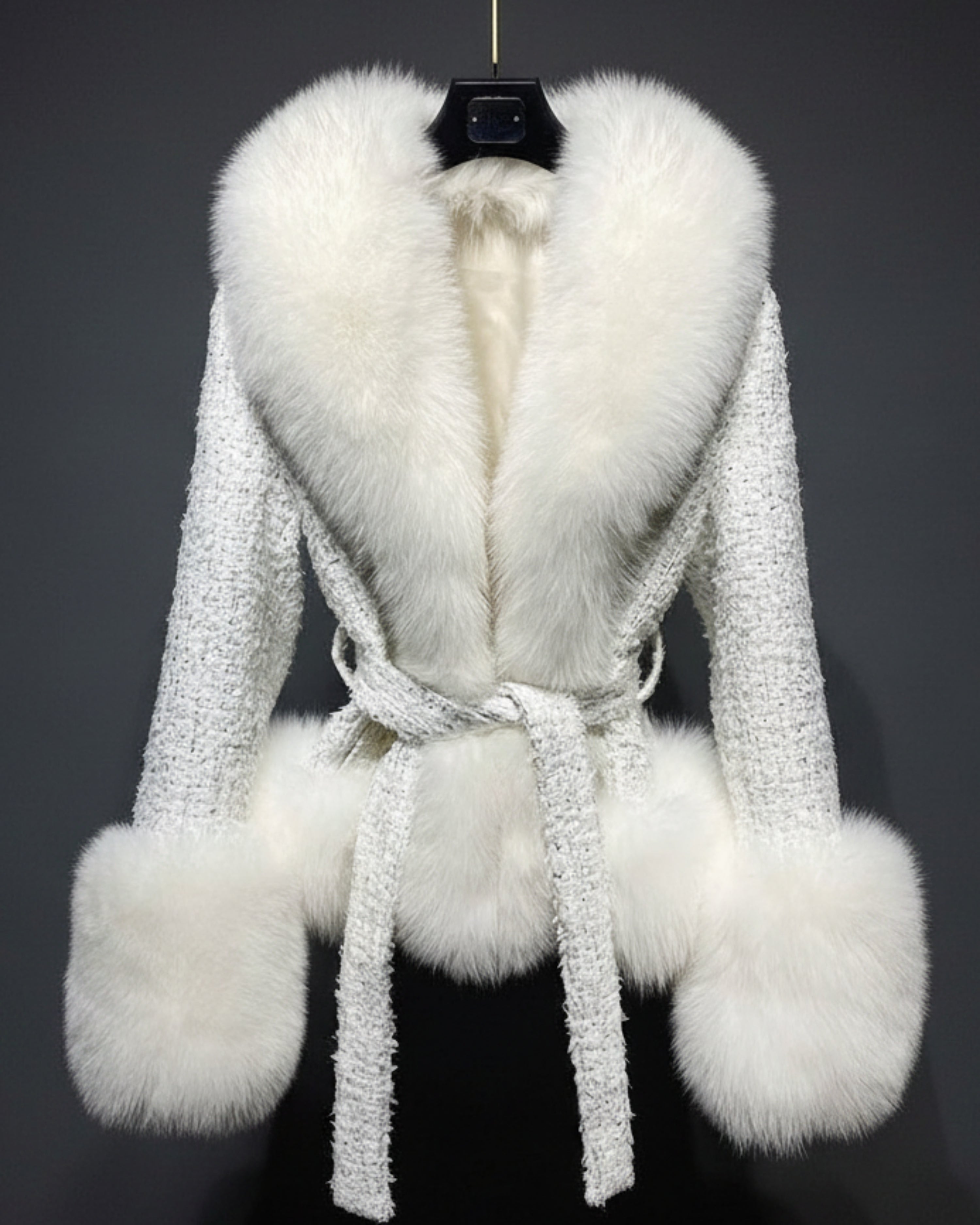 Women's Premium Tweed Coat with Fox Fur Trim
