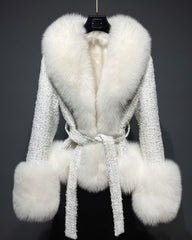 Women's Premium Tweed Coat with Fox Fur Trim