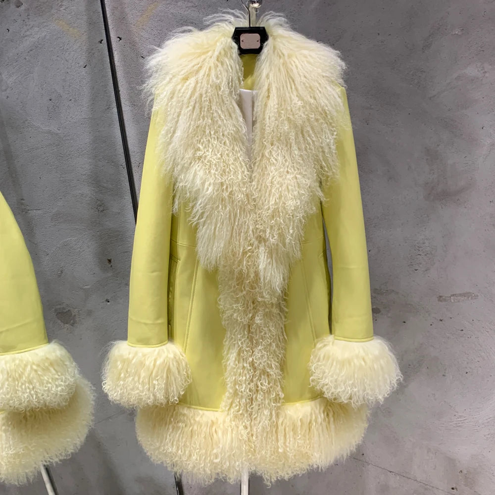 Women's Real Fur Accent Leather Coat Distinctive Luxury | HEYFANCYSTYLE