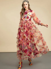 Women's Romantic Long Sleeve Floral Ruffle Maxi Dress