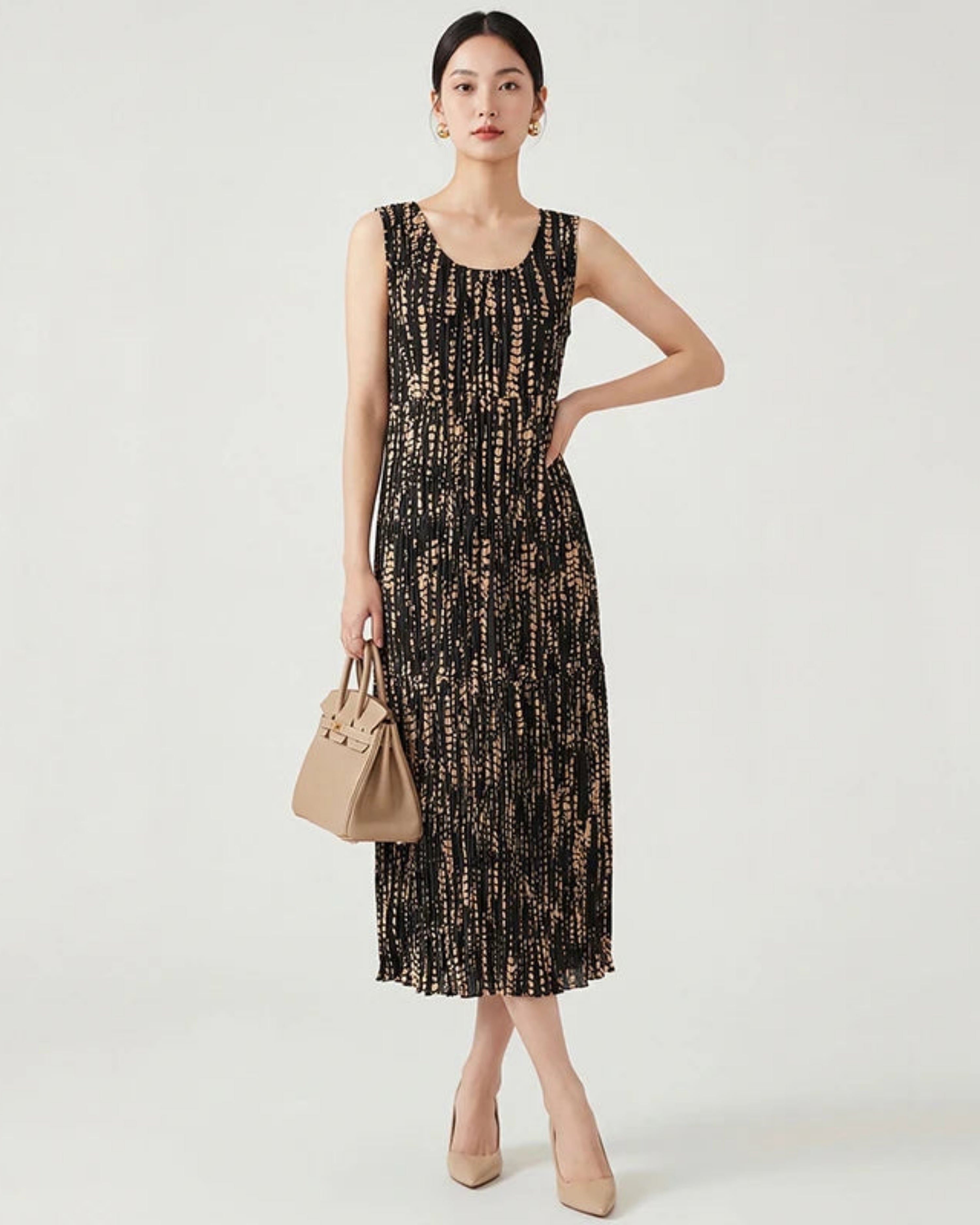 Women’s Sleeveless Midi Dress Plissé Japanese-Designer Luxury Cruise