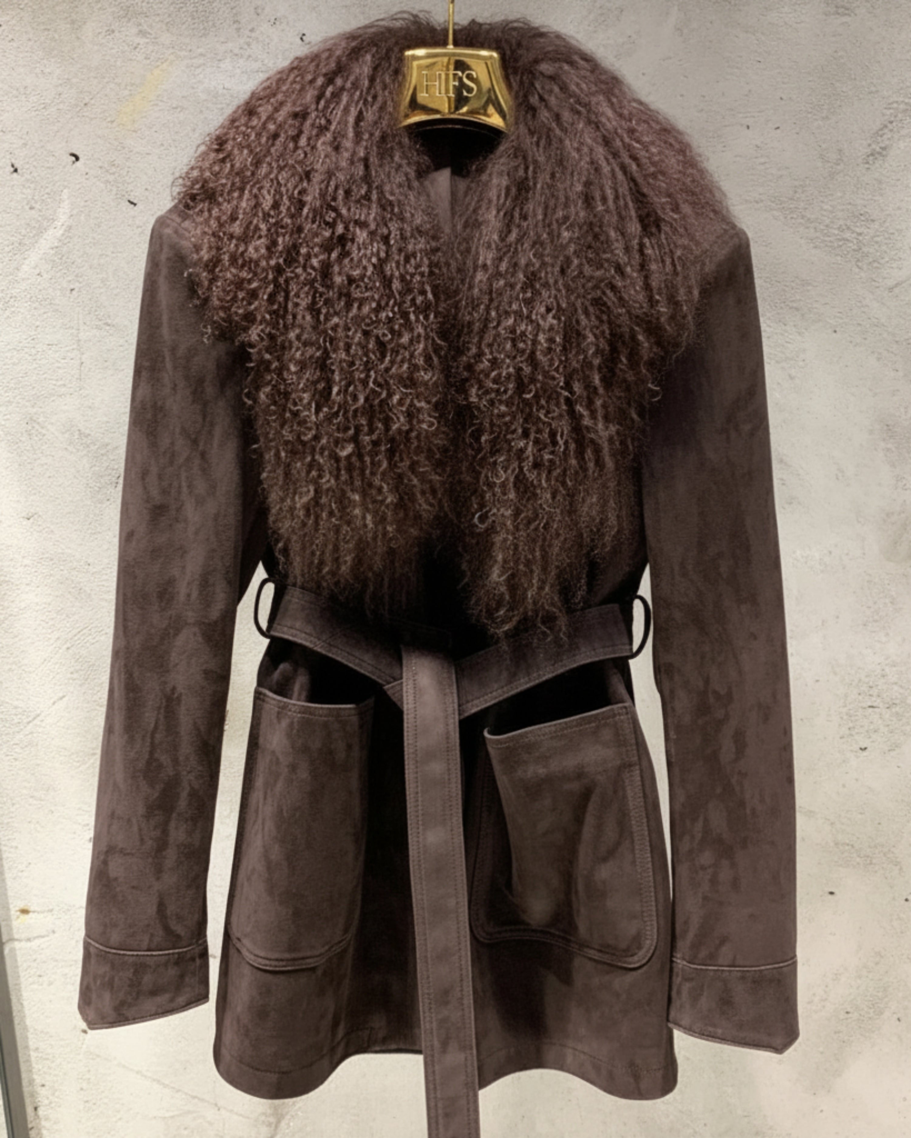 Women's Suede Jacket - Real Shearling Fur Collar Designer Luxury
