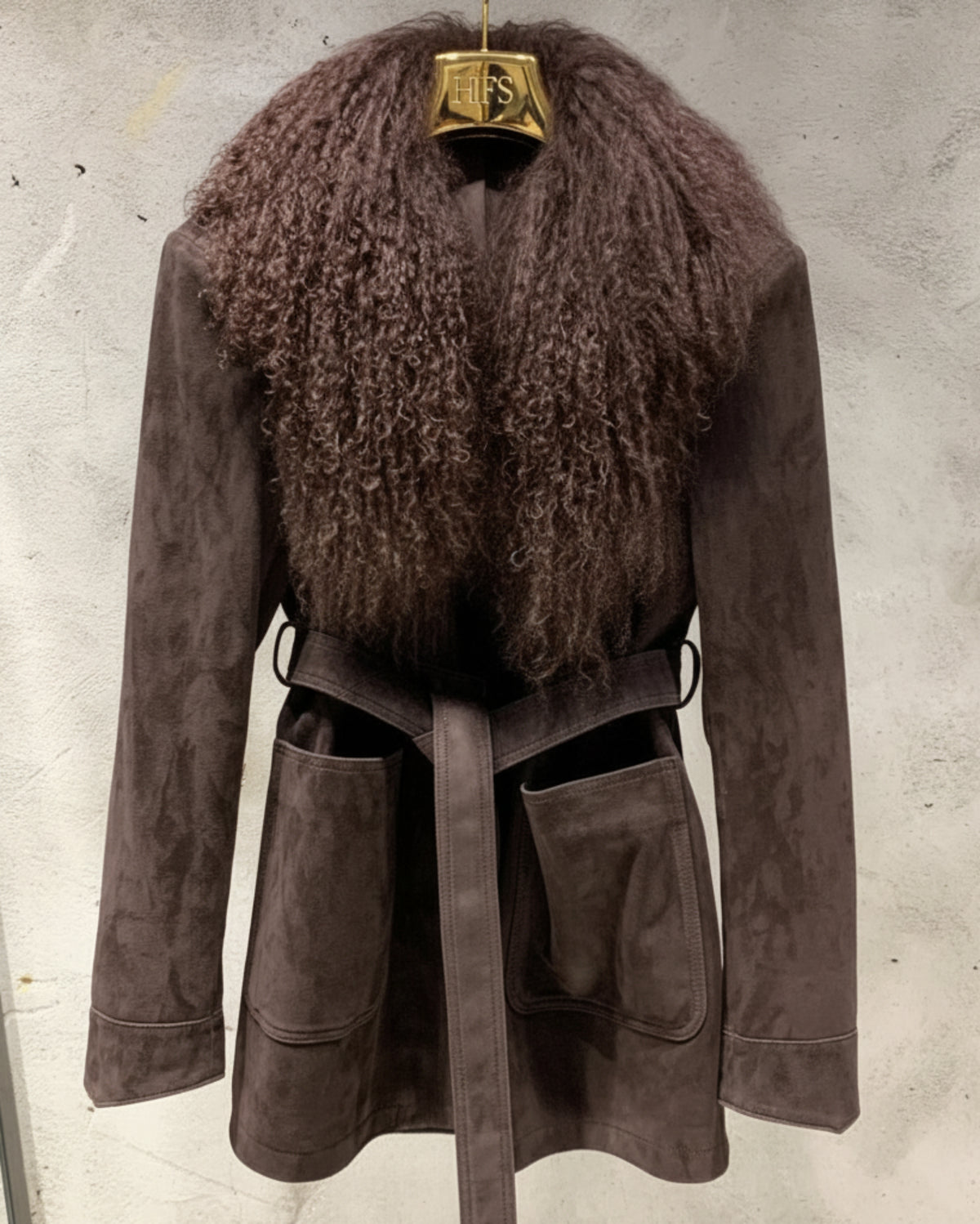 Women's Suede Jacket - Real Shearling Fur Collar Designer Luxury