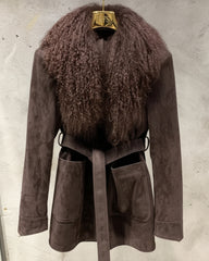 Women's Suede Jacket - Real Shearling Fur Collar Designer Luxury