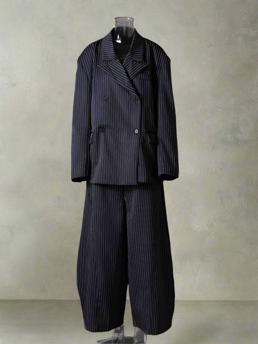 Women's Tailored Navy Blue Pinstripe Suit Set - Oversized Fit, Wide-Leg & Comfortable Elastic Waistband