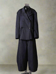 Women's Tailored Navy Blue Pinstripe Suit Set - Oversized Fit, Wide-Leg & Comfortable Elastic Waistband