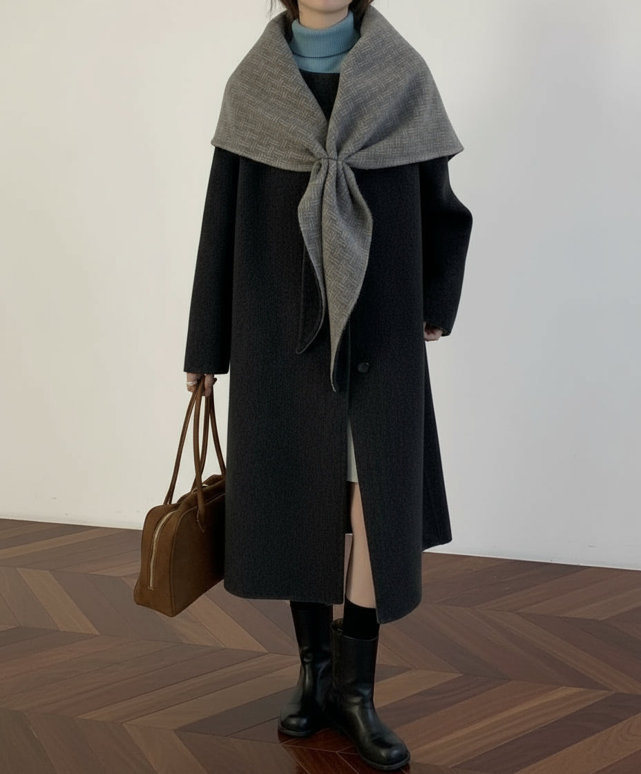 Wool Blend Longline Coat with Detachable Scarf