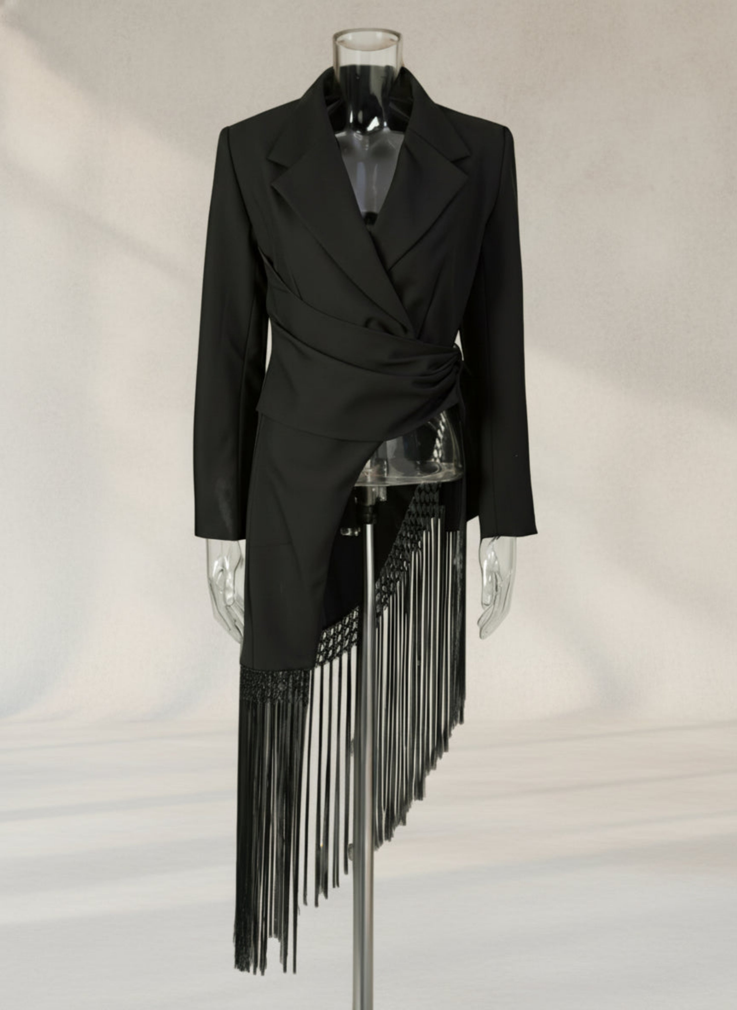 Wrap-Front Asymmetric Blazer with Fringe – Luxury Designer Jacket