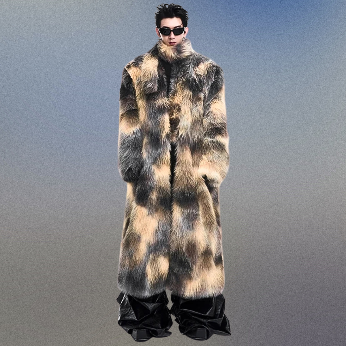 Men's Extra Long Faux Mink Coat with Scarf