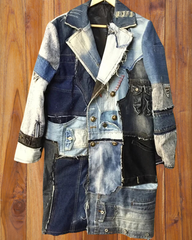 Men's Designer Denim Patchwork Trench Coat Jacket