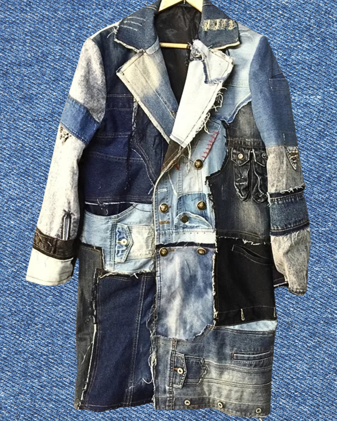 Men's Designer Denim Patchwork Trench Coat Jacket