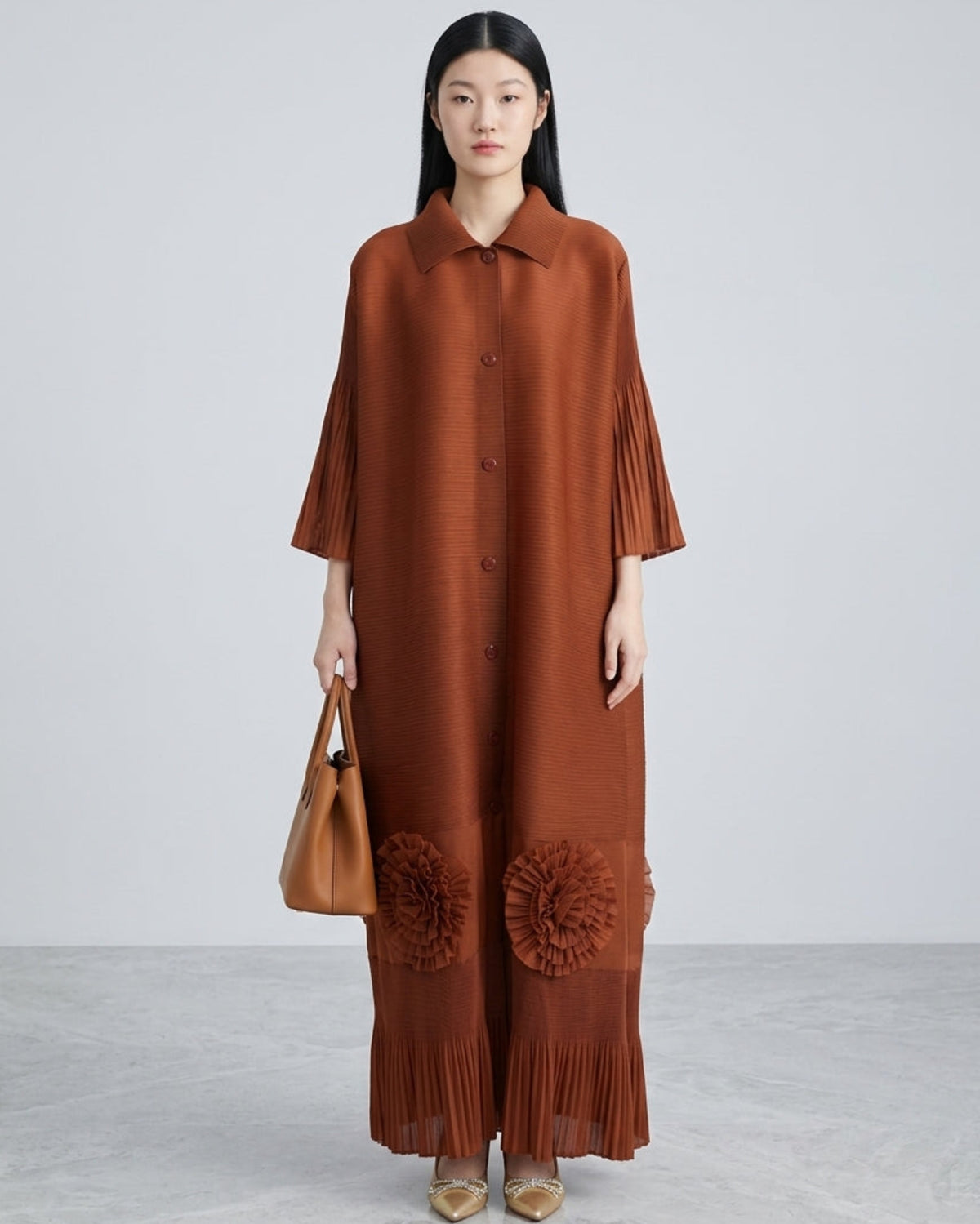 Plissé Flared Sleeve Maxi Dress