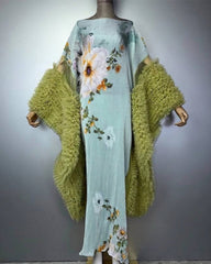Floral Ruffle-Sleeve Plissé Dress