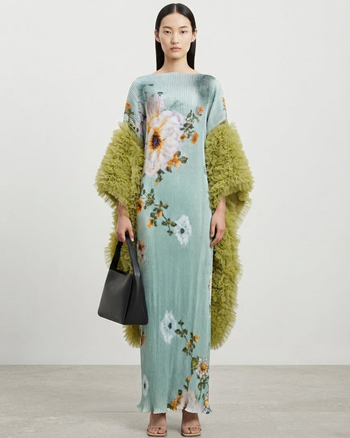 Floral Ruffle-Sleeve Plissé Dress