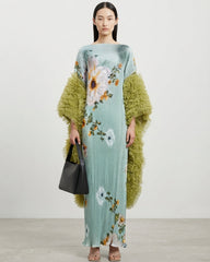 Floral Ruffle-Sleeve Plissé Dress