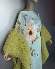 Floral Ruffle-Sleeve Plissé Dress