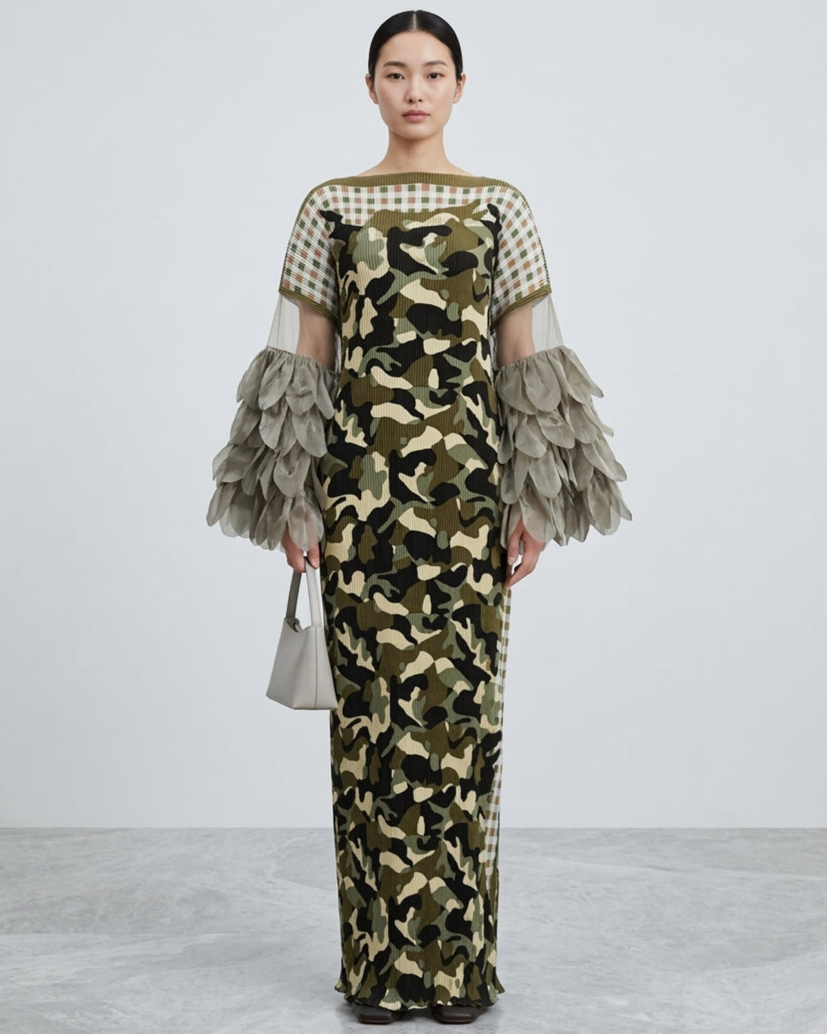 Camo Plissé Petal Sleeve Dress