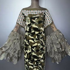 Camo Plissé Petal Sleeve Dress