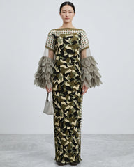 Camo Plissé Petal Sleeve Dress
