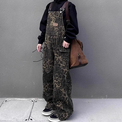 Women's Retro Leopard Print Cargo Denim Overalls