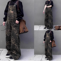 Women's Retro Leopard Print Cargo Denim Overalls