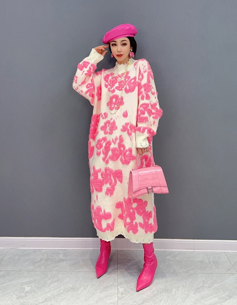 Everyday Chic Pink Green Long Sleeve Maxi Sweater Dress