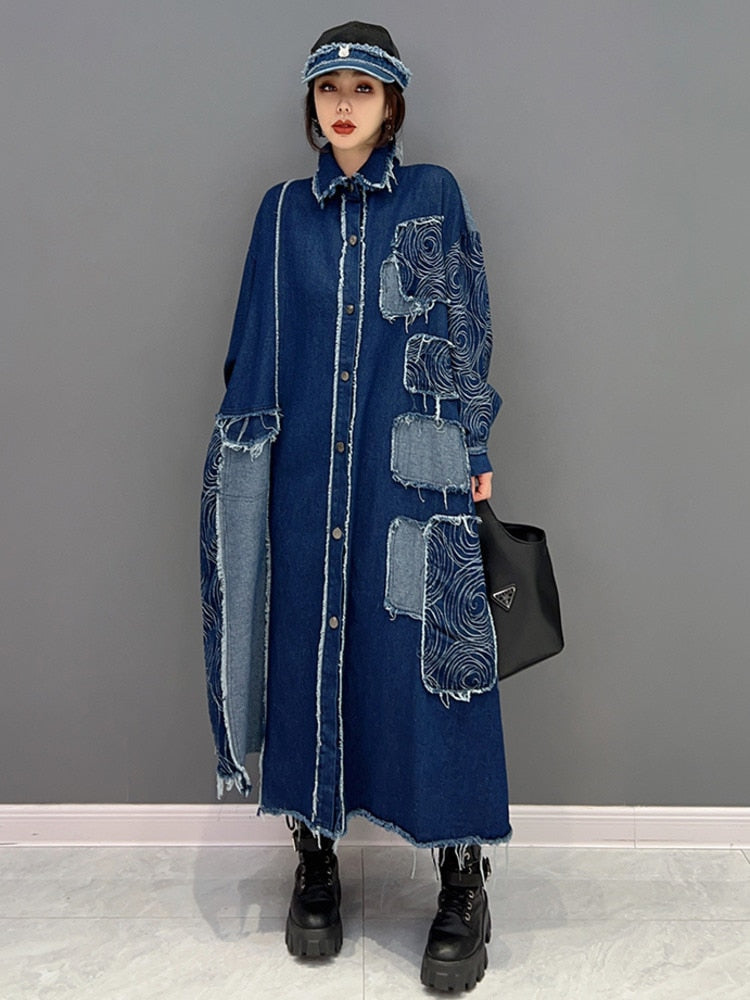 French Luxe Distressed Long Denim Coat