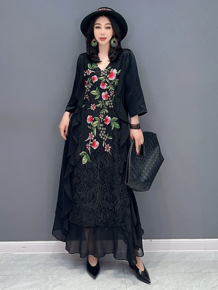 Elegant Floral Embroidery V-Neck Ruffle Dress