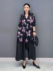 Butterfly & Floral Long Sleeve Blouse Top & Wide Leg Trousers 2-Piece Set