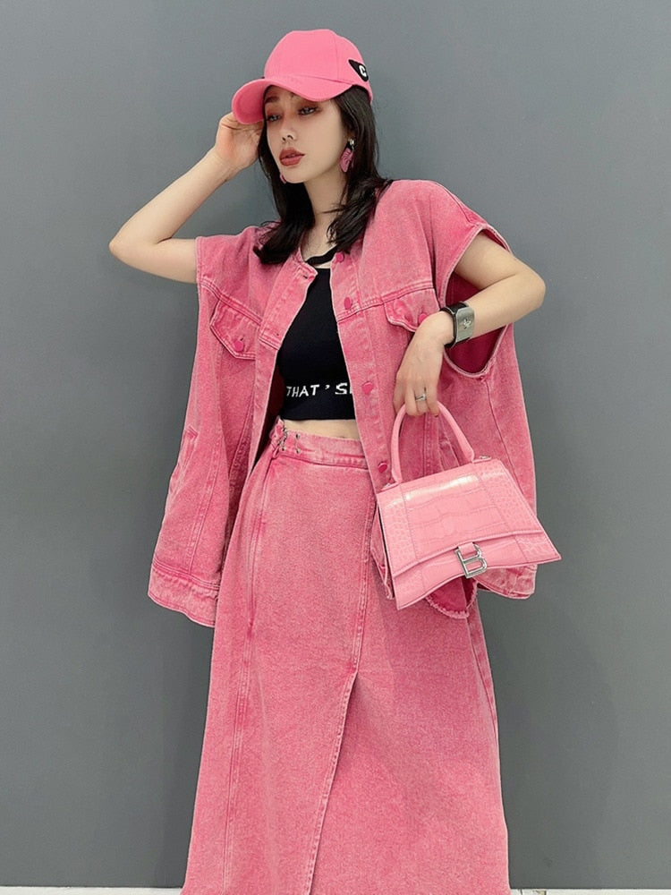 Cotton Candy Pink Denim Vest & Skirt 2-Piece Set