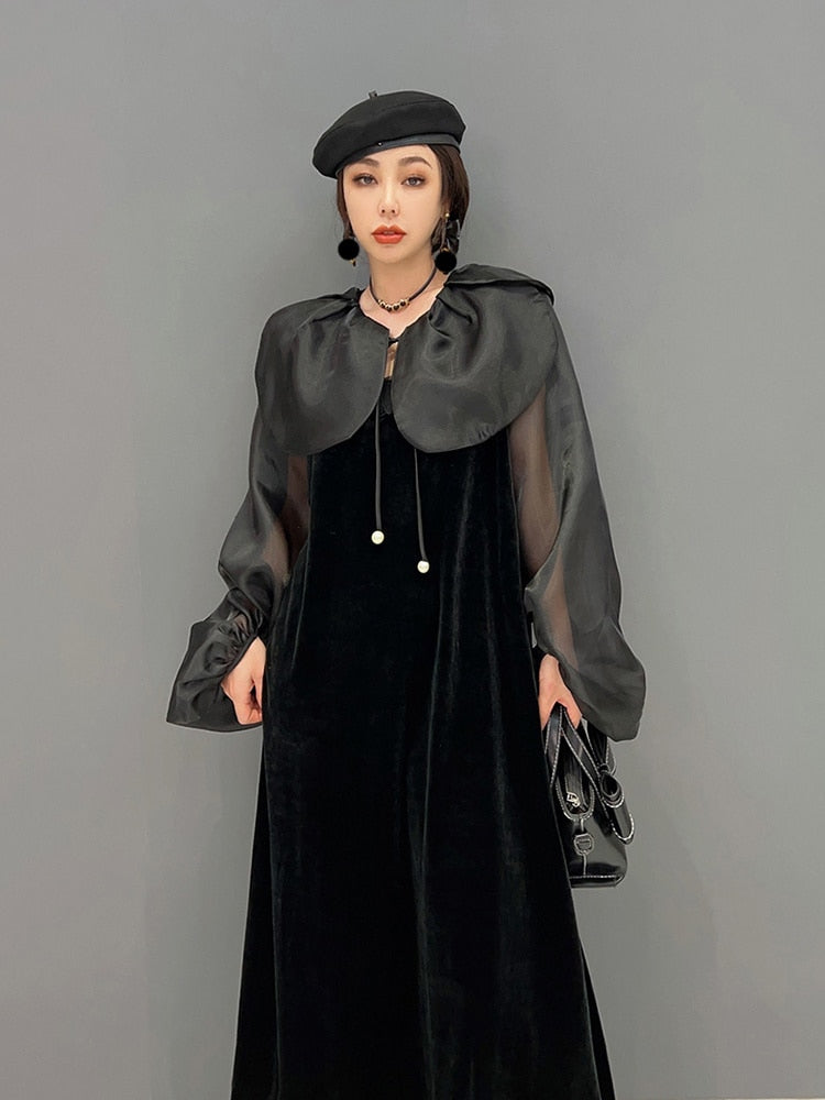 Oversized Collar Black Velvet Dress