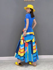 Blue Mosaic Elastic Waist Skirt