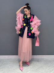 Floral Luxe Pink Oversized Chiffon Sleeve Denim Coat