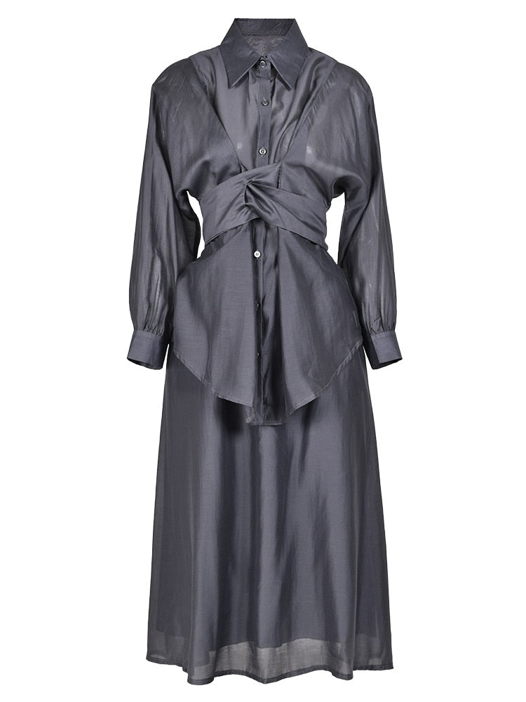 Elegant Lightweight Charcoal Gray 2-Piece Set - Classy Blouse & Long Skirt