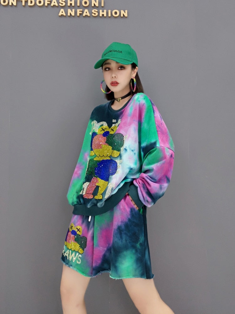 Luxe Tie-Dye Streetwear Sweatshirt & Shorts 2-Piece Set