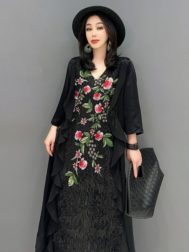 Elegant Floral Embroidery V-Neck Ruffle Dress