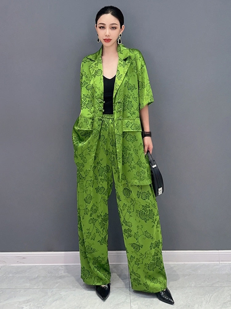 Green Chic Floral Print Top & Wide Leg Pants 2-Piece Set
